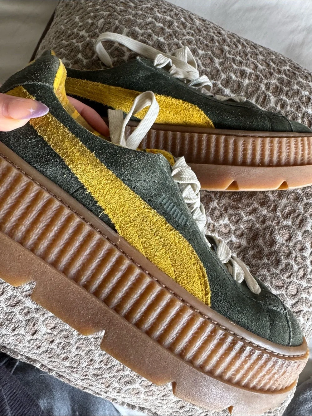 FENTY by Rihanna x Puma Olive Suede Platform Creeper Sneakers with Yellow Stripe